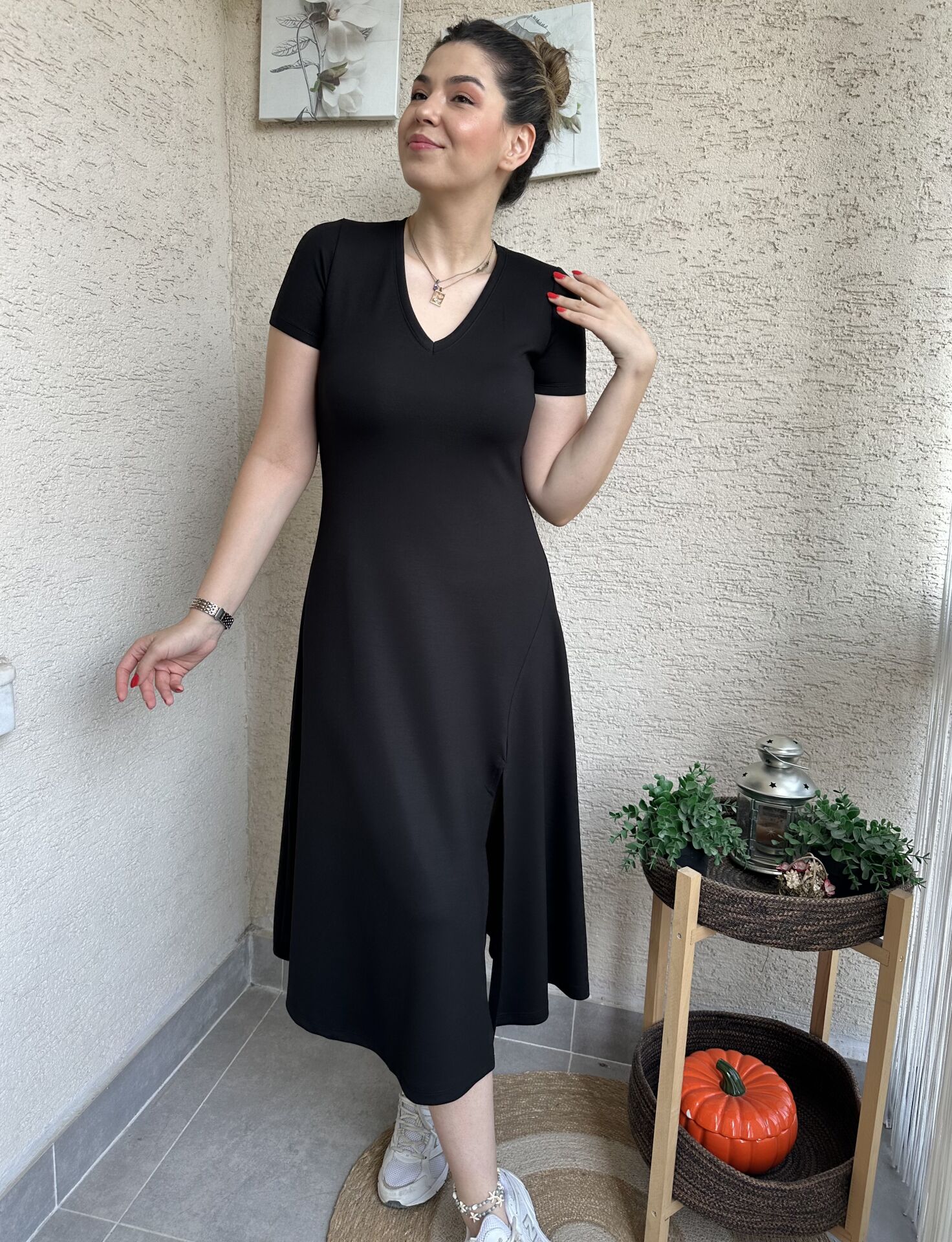 V Yaka Modal Kumaş Basic Siyah Elbise
