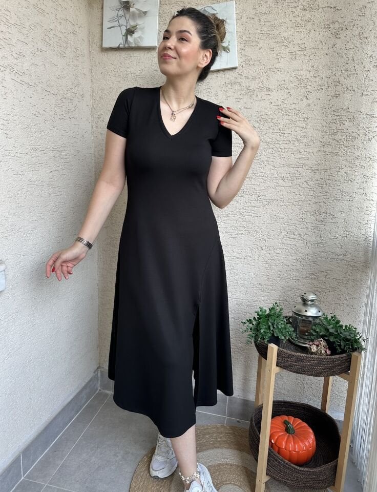 V Yaka Modal Kumaş Basic Siyah Elbise