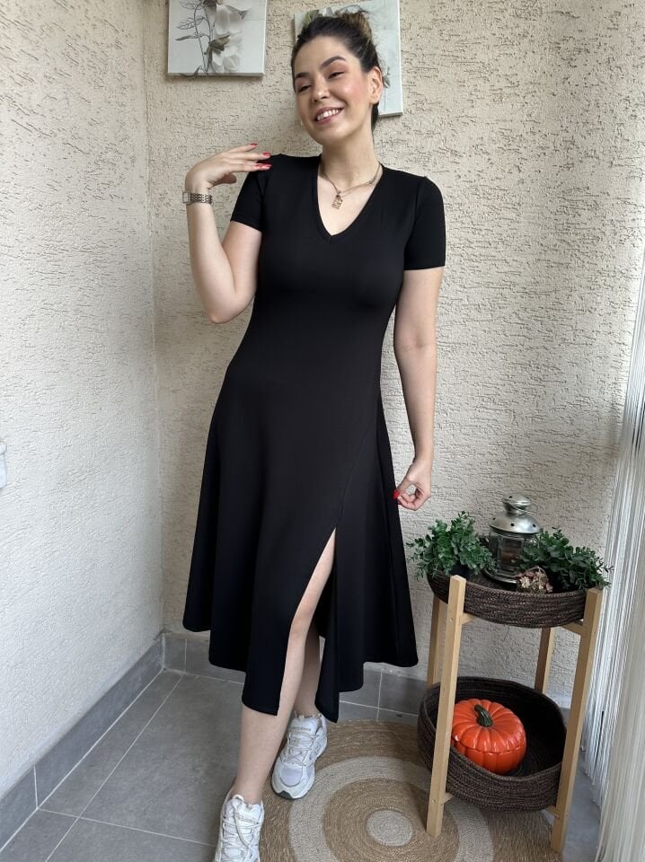 V Yaka Modal Kumaş Basic Siyah Elbise