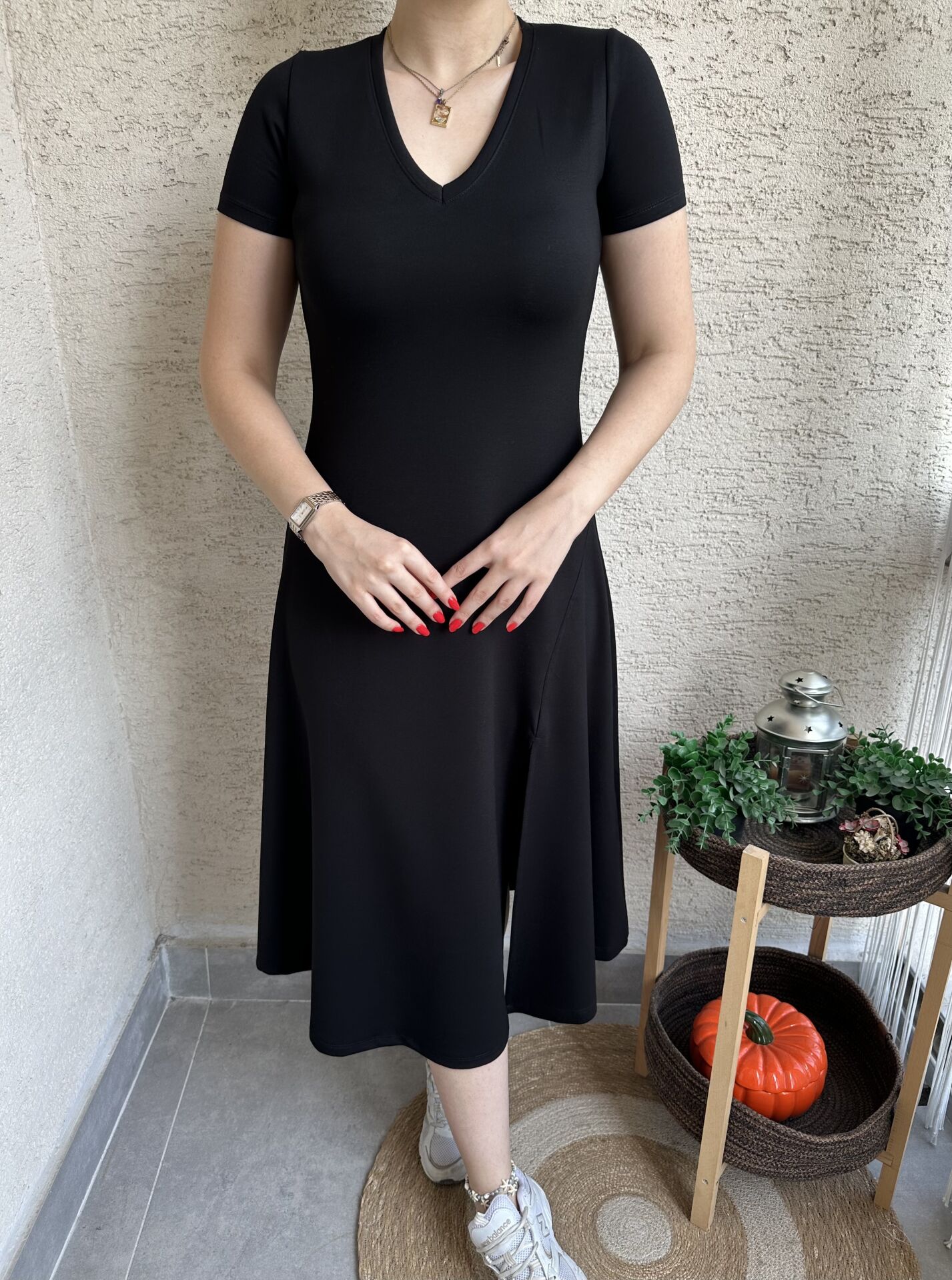 V Yaka Modal Kumaş Basic Siyah Elbise