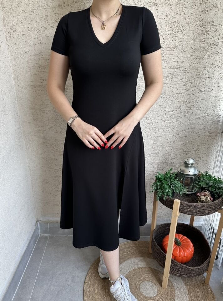 V Yaka Modal Kumaş Basic Siyah Elbise
