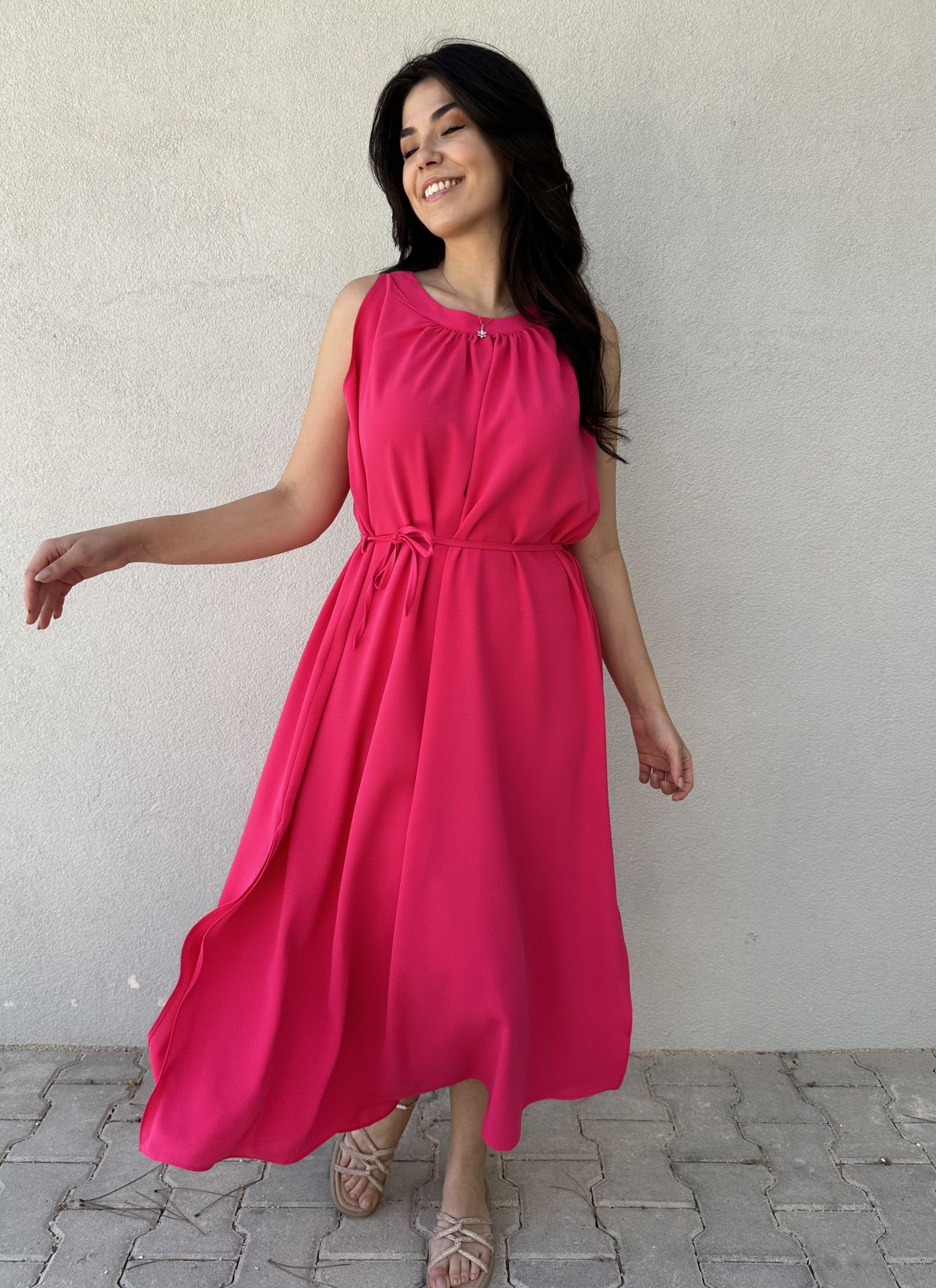 Fuşya Halter Yaka Midi Boy Elbise