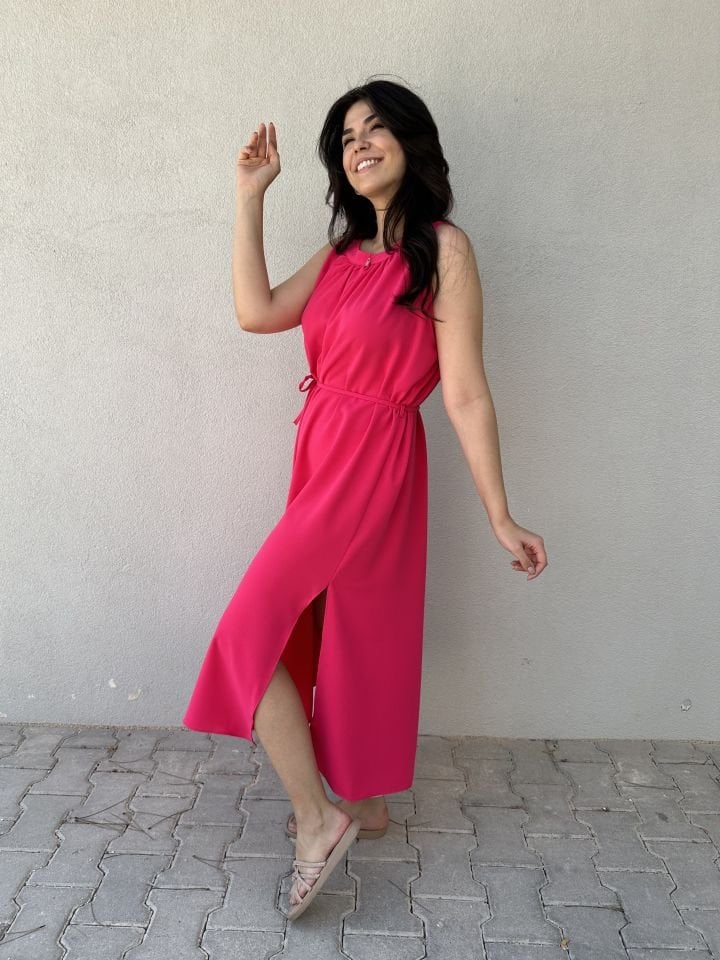 Fuşya Halter Yaka Midi Boy Elbise