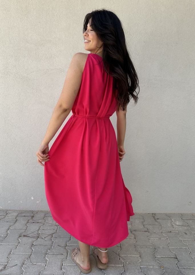 Fuşya Halter Yaka Midi Boy Elbise