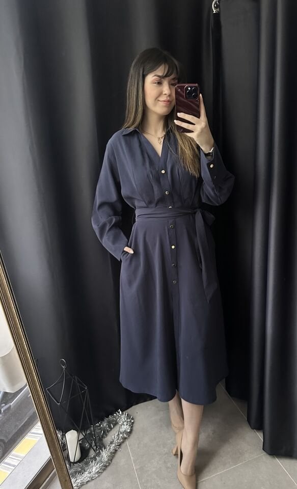 Lacivert Tensel Gömlek Elbise
