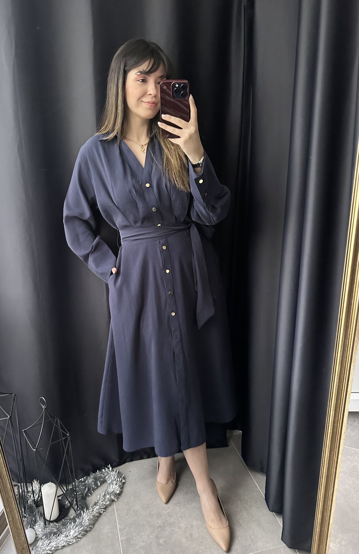 Lacivert Tensel Gömlek Elbise