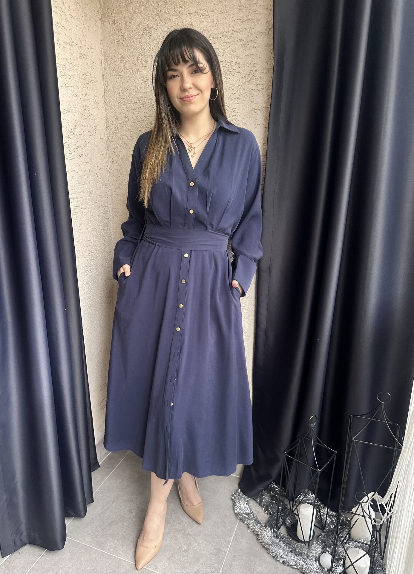 Lacivert Tensel Gömlek Elbise