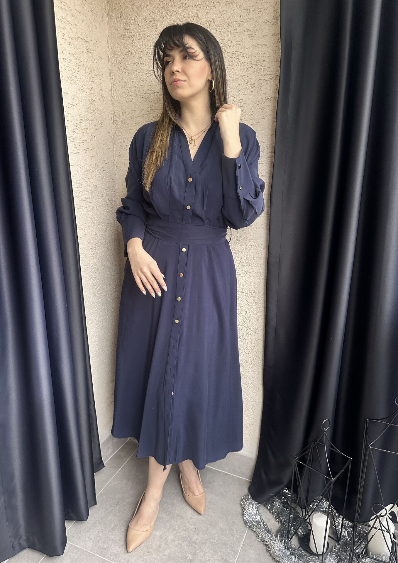 Lacivert Tensel Gömlek Elbise
