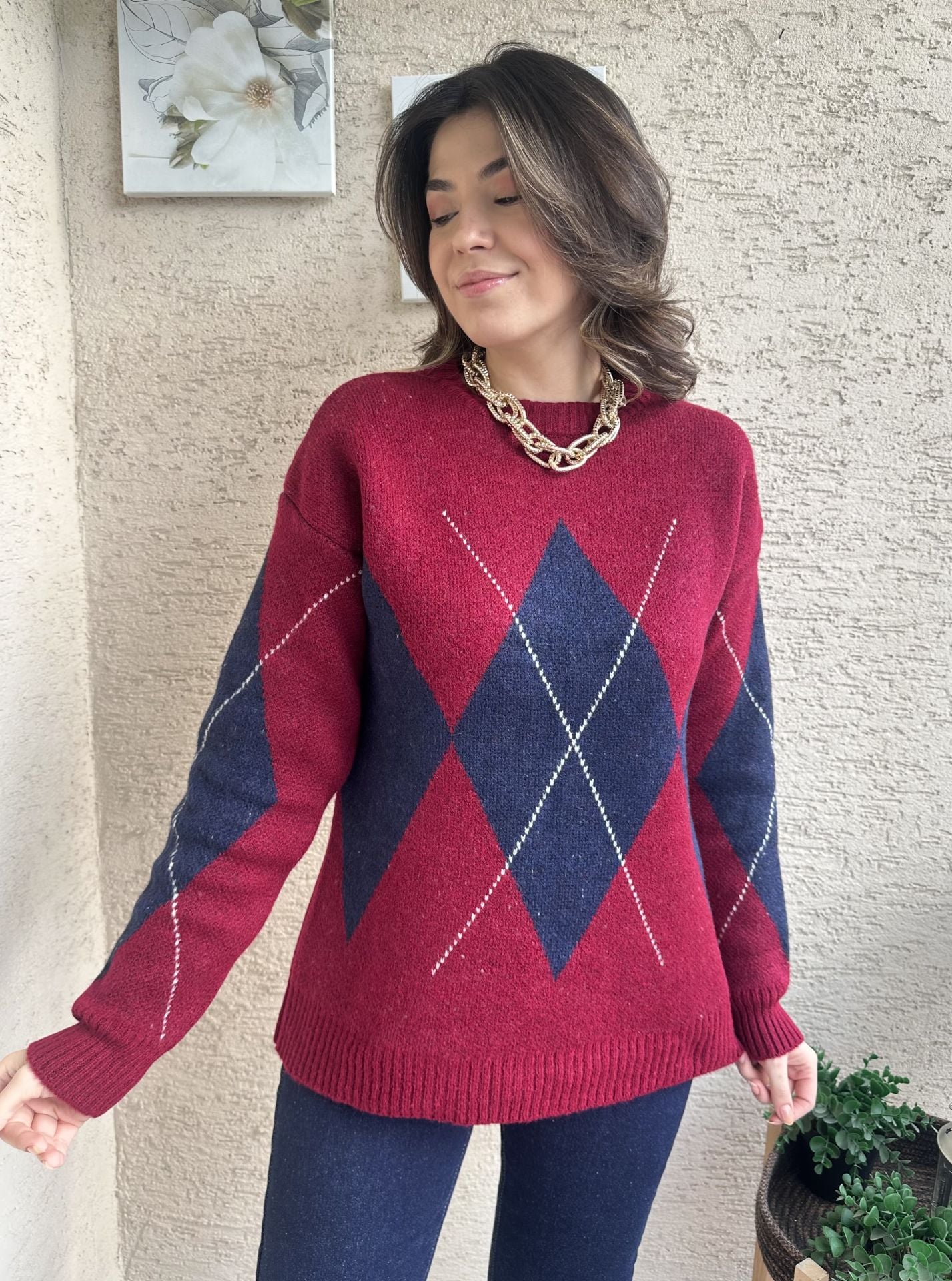 Bordo-Lacivert Baklava Desen Kazak