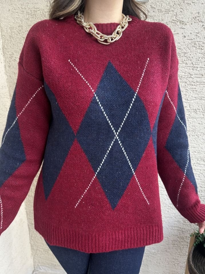 Bordo-Lacivert Baklava Desen Kazak