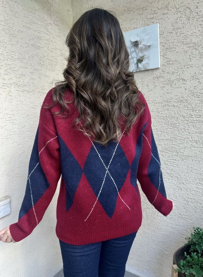 Bordo-Lacivert Baklava Desen Kazak