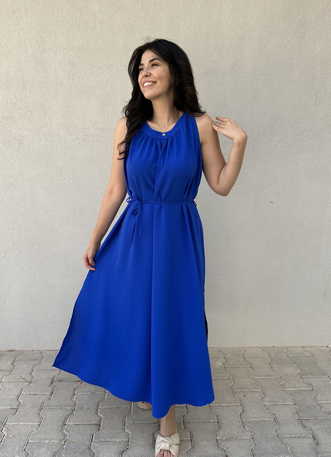 Saks Mavisi Halter Yaka Midi Elbise