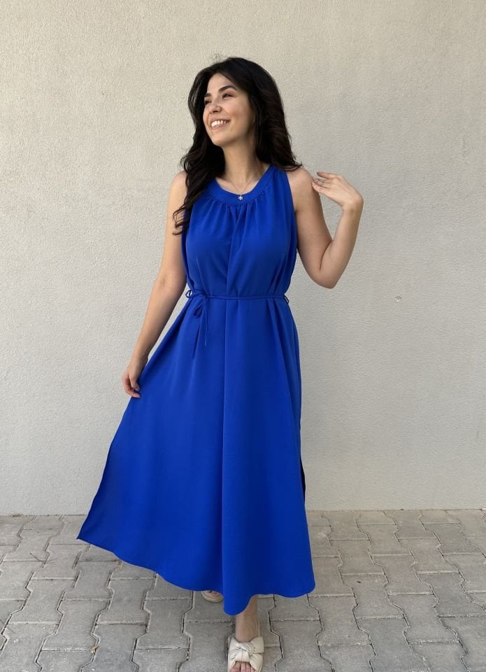 Saks Mavisi Halter Yaka Midi Elbise