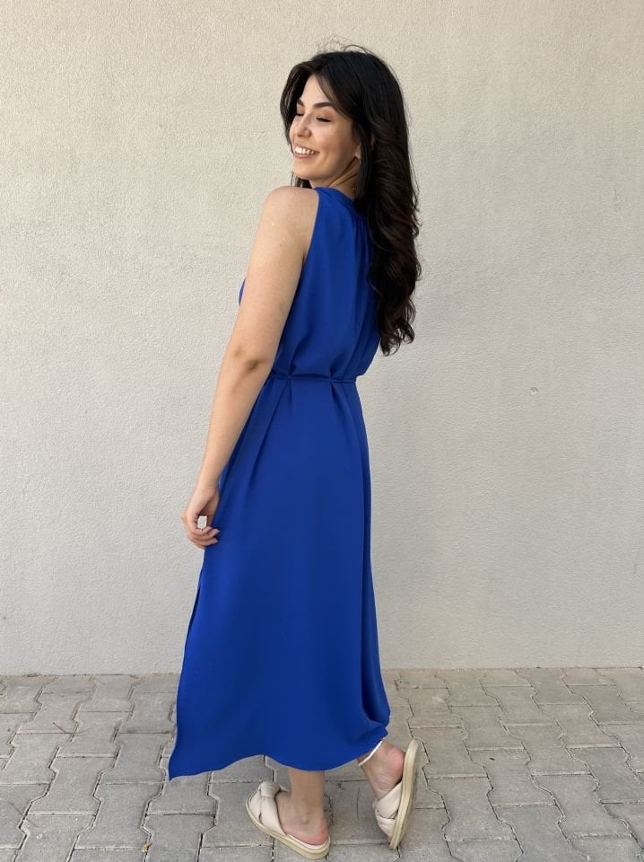 Saks Mavisi Halter Yaka Midi Elbise