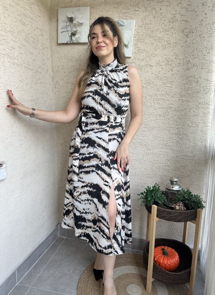 Halter Yaka Desenli Şifon Elbise