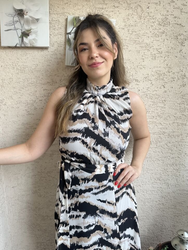 Halter Yaka Desenli Şifon Elbise