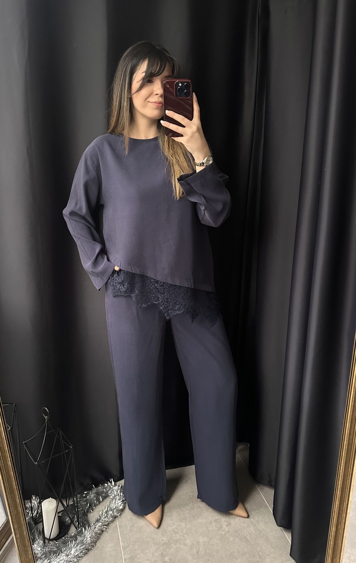 Lacivert Dantel Detaylı Tensel Takım