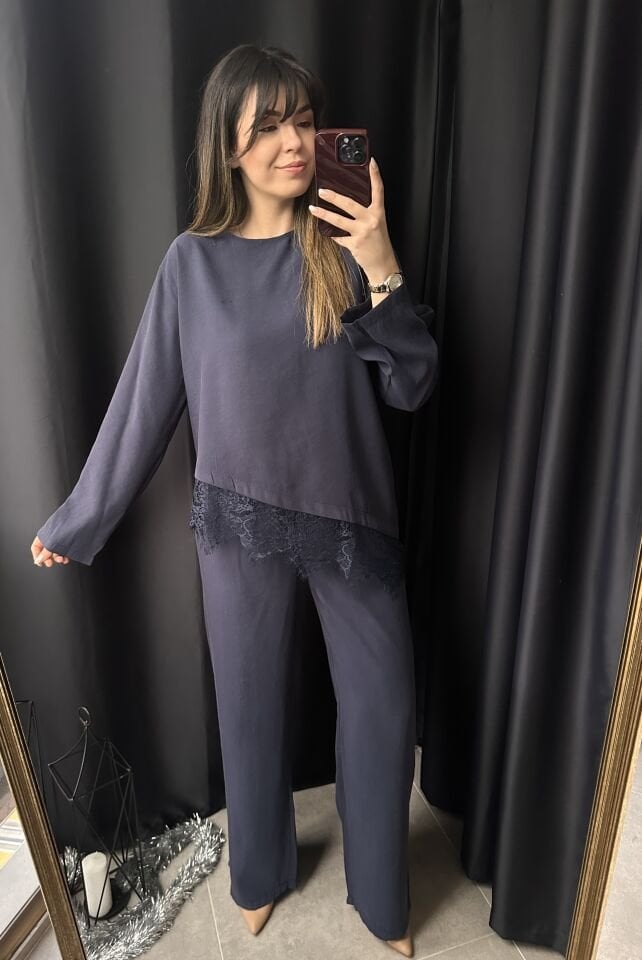 Lacivert Dantel Detaylı Tensel Takım