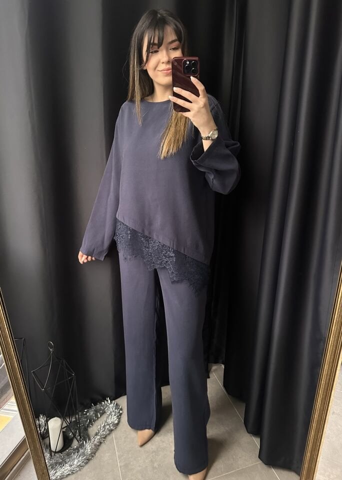 Lacivert Dantel Detaylı Tensel Takım