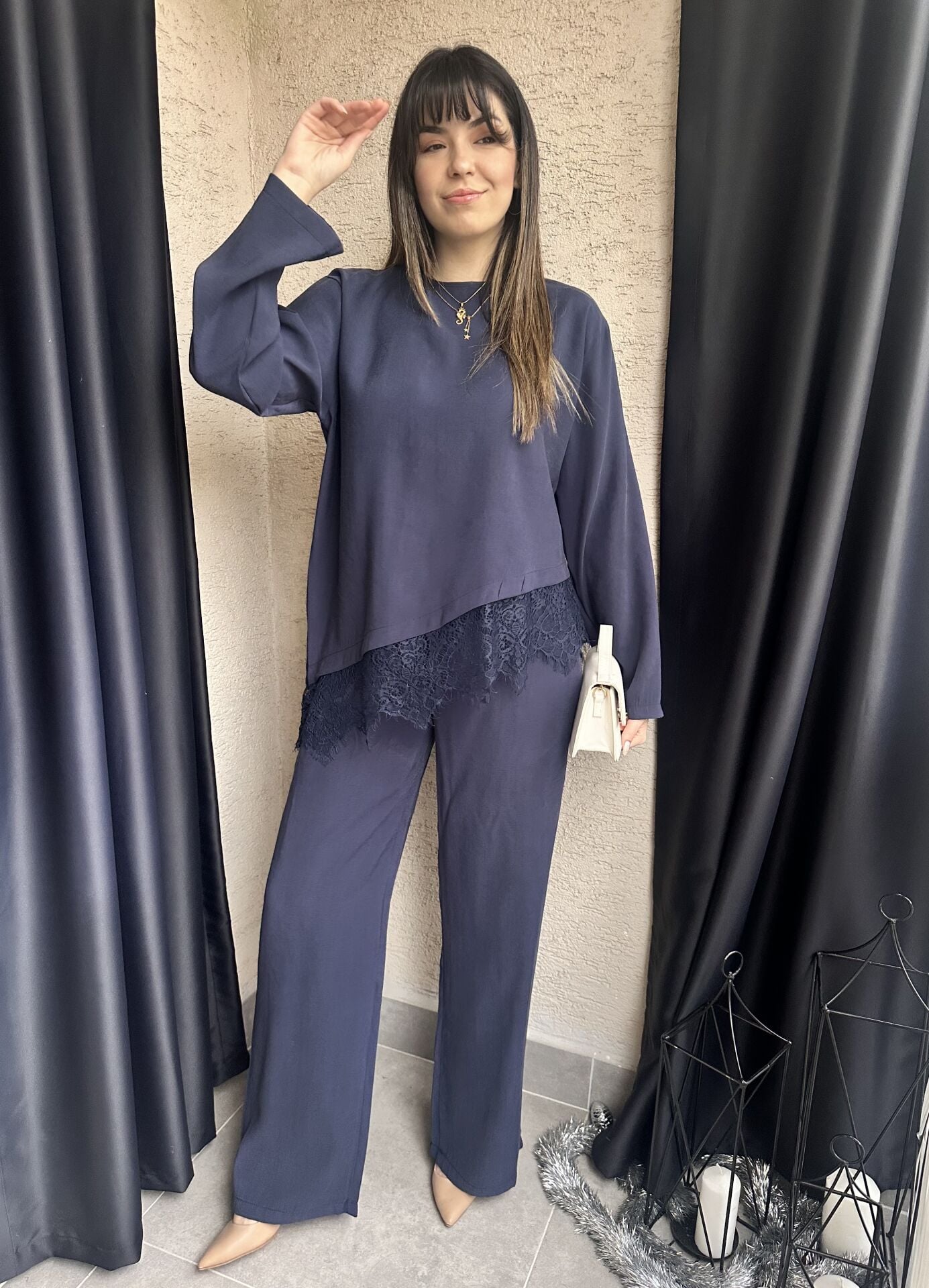 Lacivert Dantel Detaylı Tensel Takım