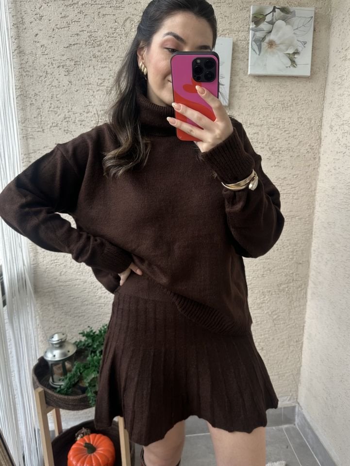 Ella Acı Kahve Etek Kazak Takım