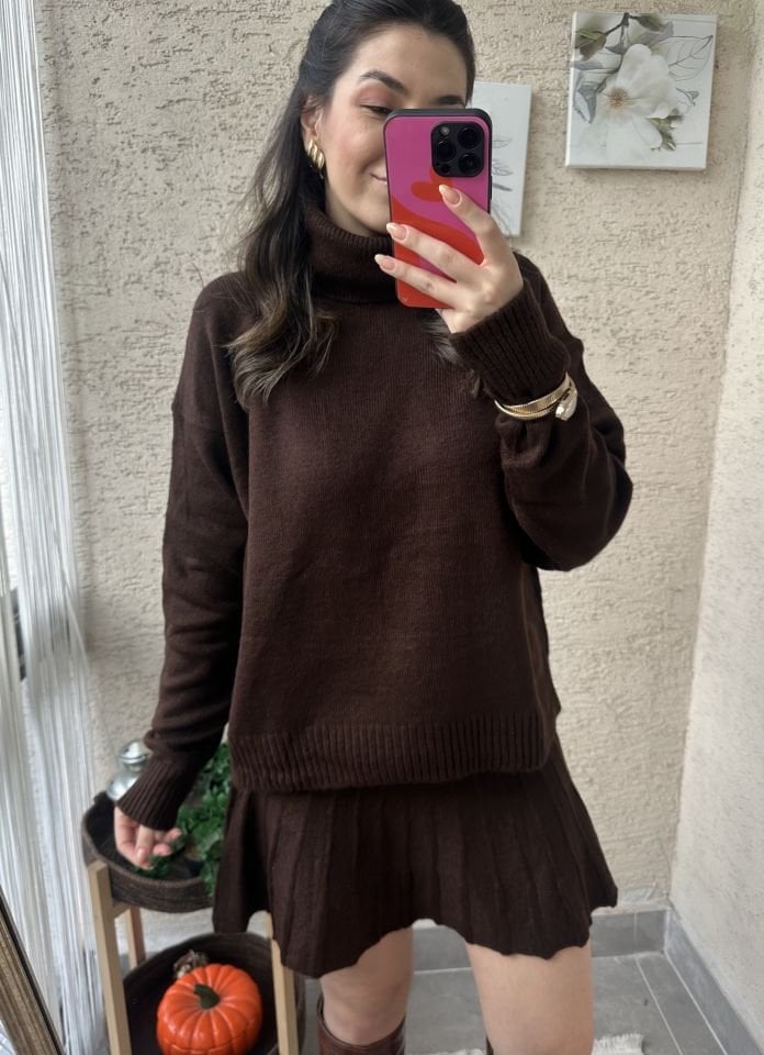 Ella Acı Kahve Etek Kazak Takım