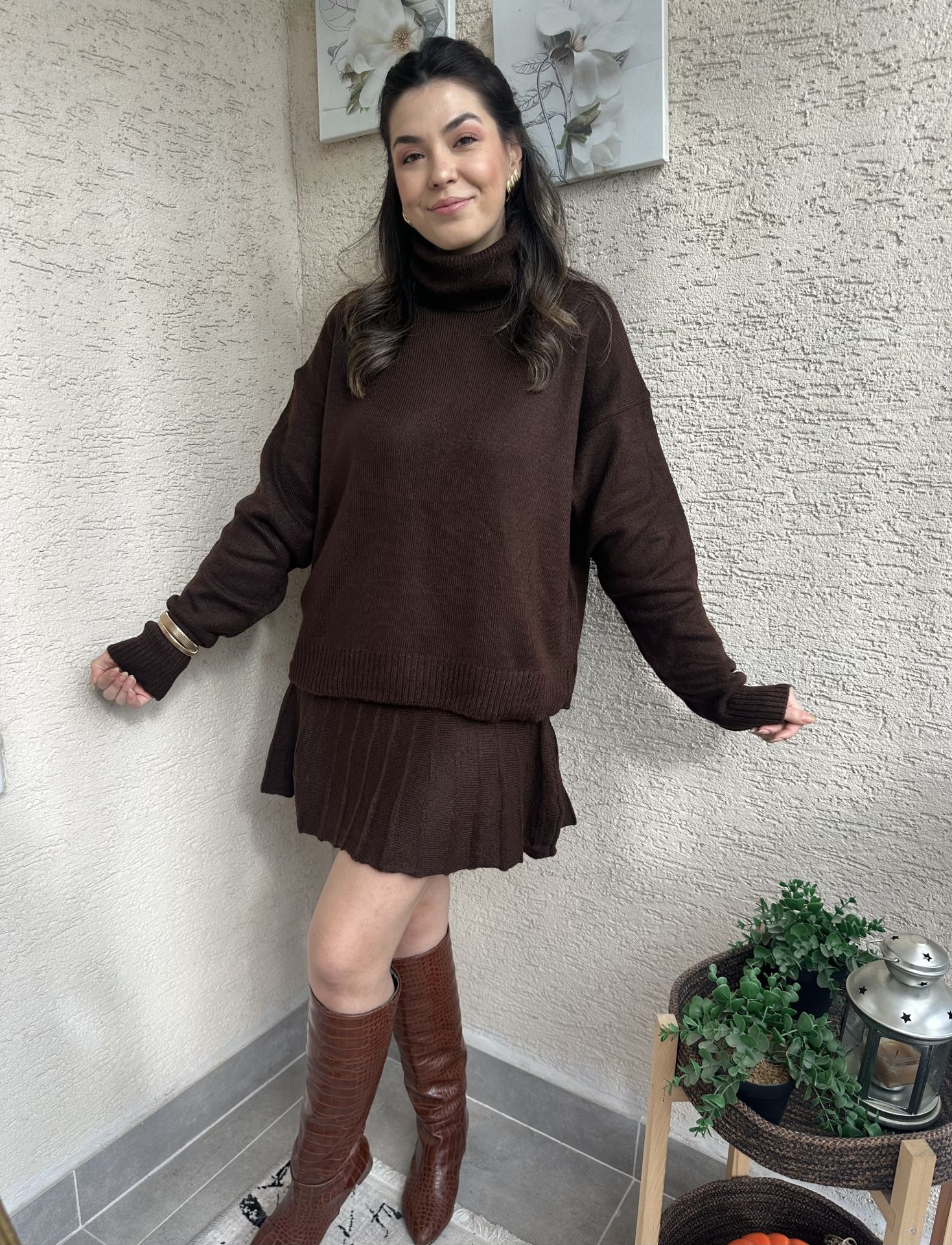 Ella Acı Kahve Etek Kazak Takım