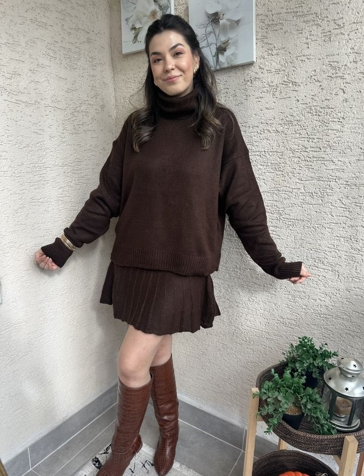 Ella Acı Kahve Etek Kazak Takım