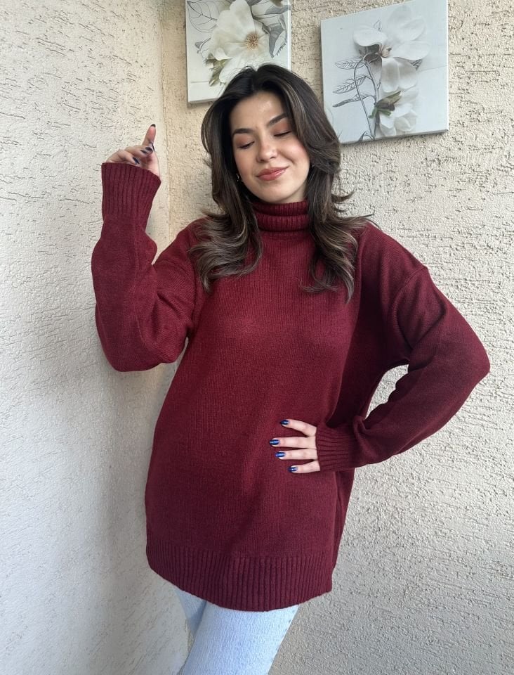 Boğazlı Bordo Triko Kazak