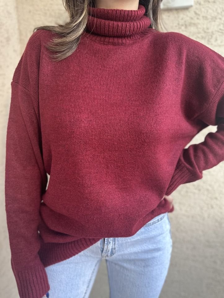 Boğazlı Bordo Triko Kazak