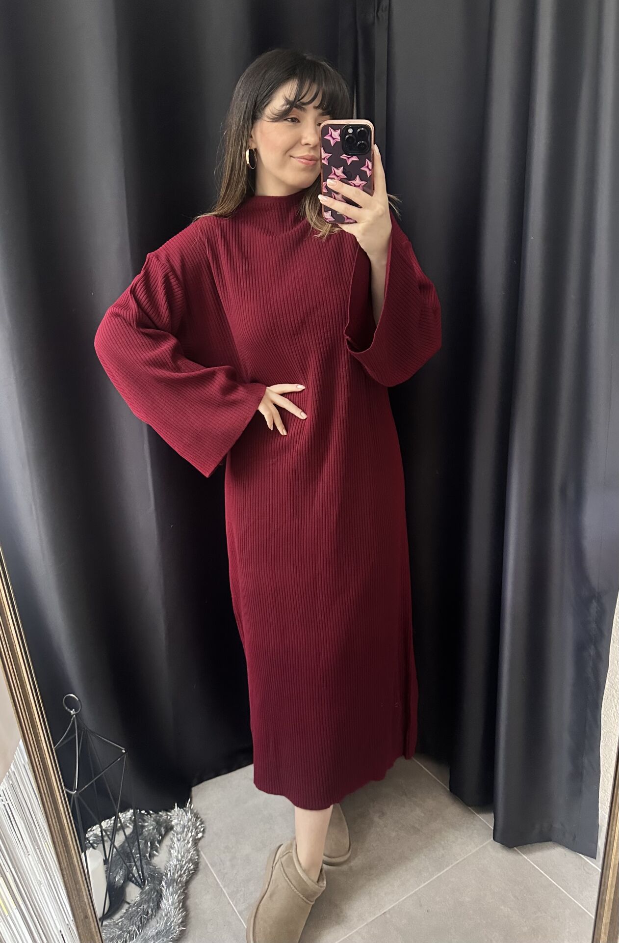 Bordo Fitilli Salaş Elbise