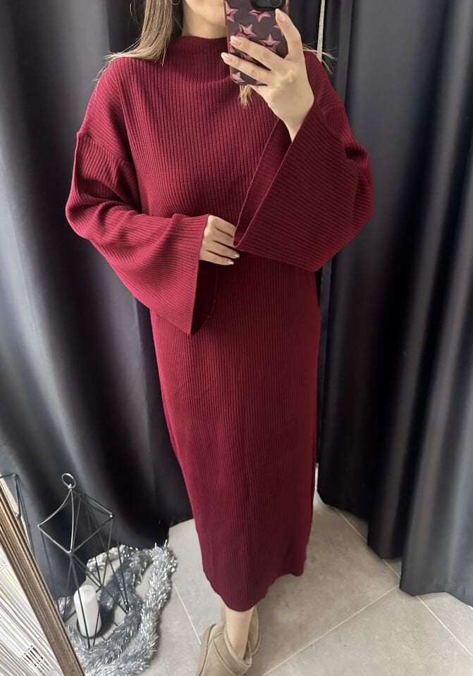 Bordo Fitilli Salaş Elbise