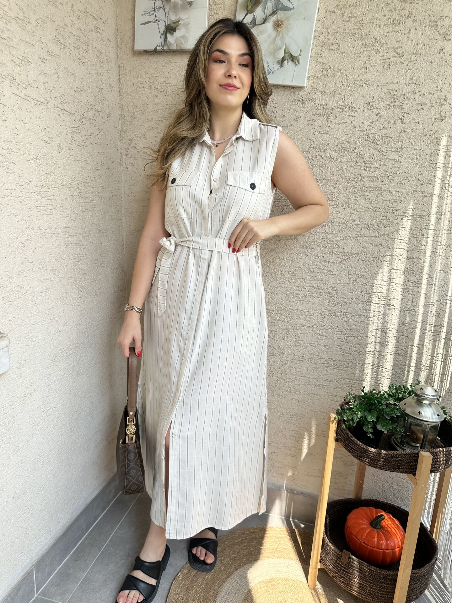 Vudy Çizgili Keten Gömlek Elbise