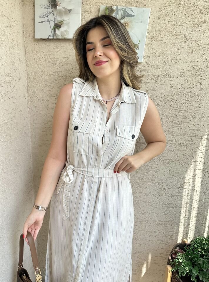 Vudy Çizgili Keten Gömlek Elbise