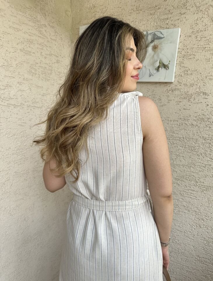 Vudy Çizgili Keten Gömlek Elbise