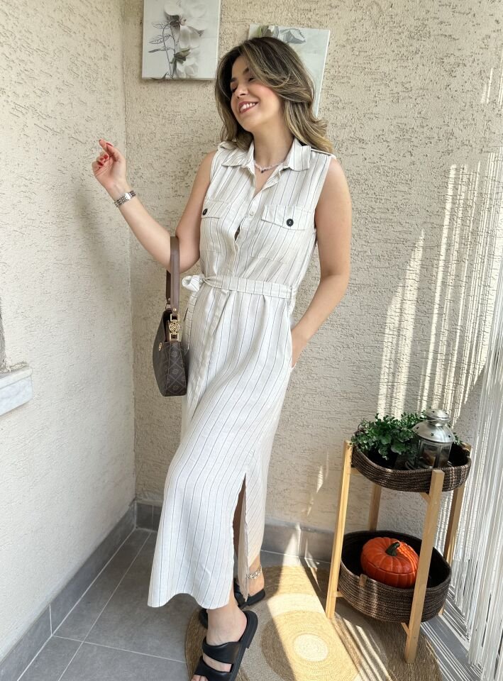 Vudy Çizgili Keten Gömlek Elbise