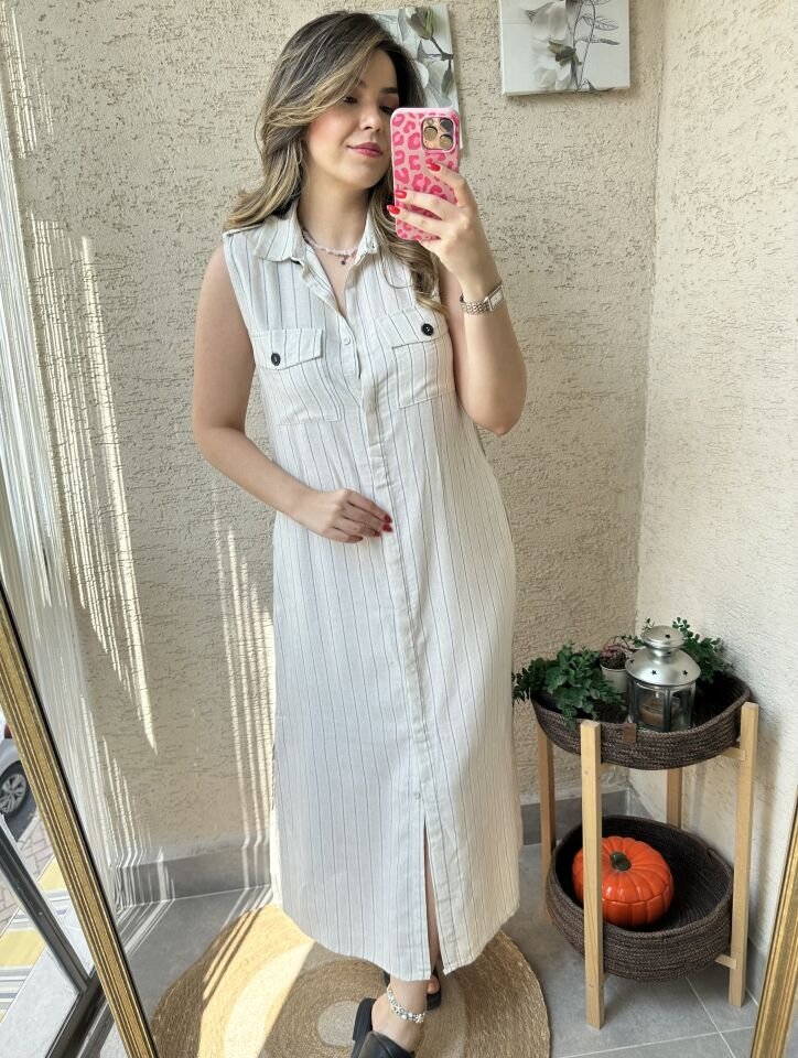 Vudy Çizgili Keten Gömlek Elbise