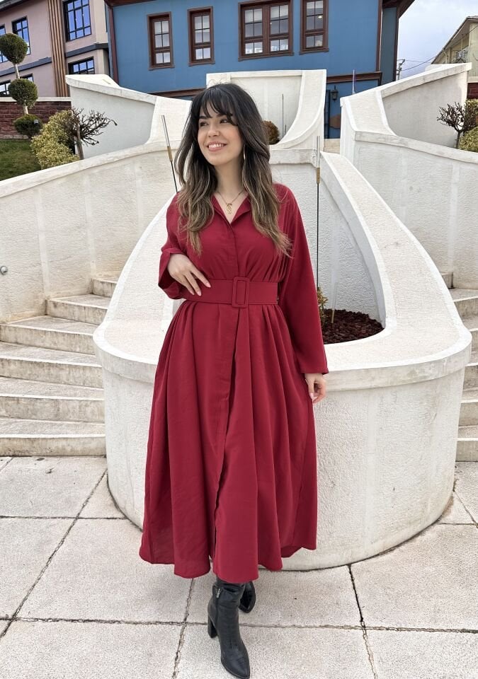 Anora Bordo Kemerli Gömlek Elbise