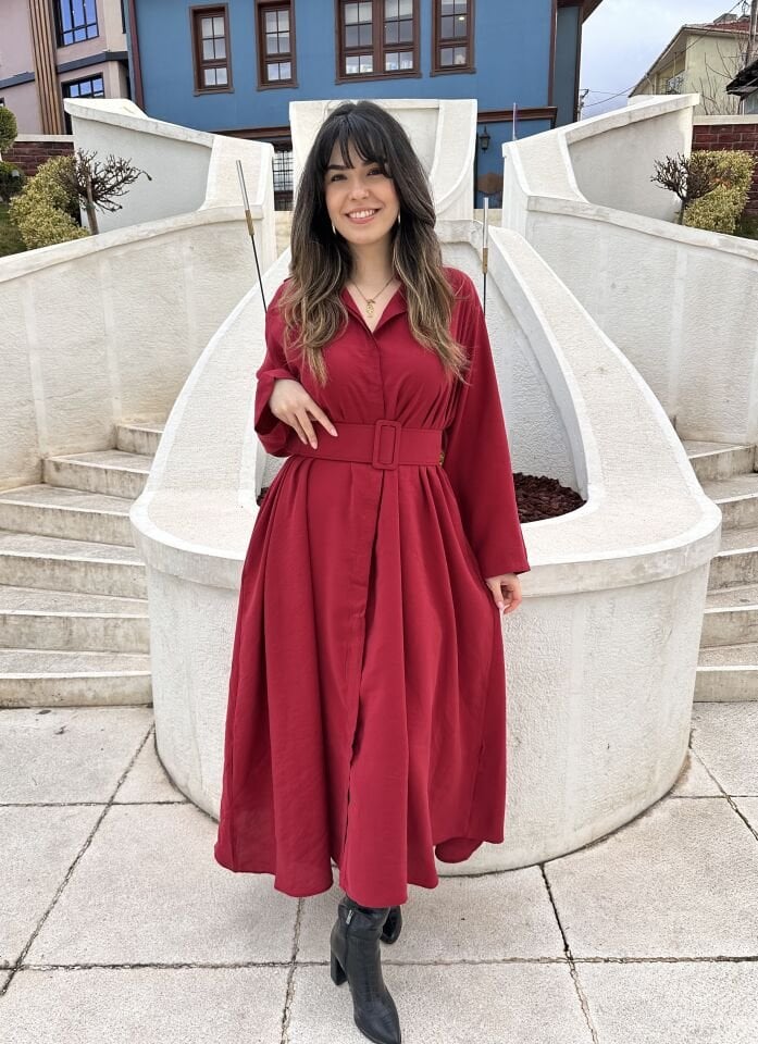 Anora Bordo Kemerli Gömlek Elbise