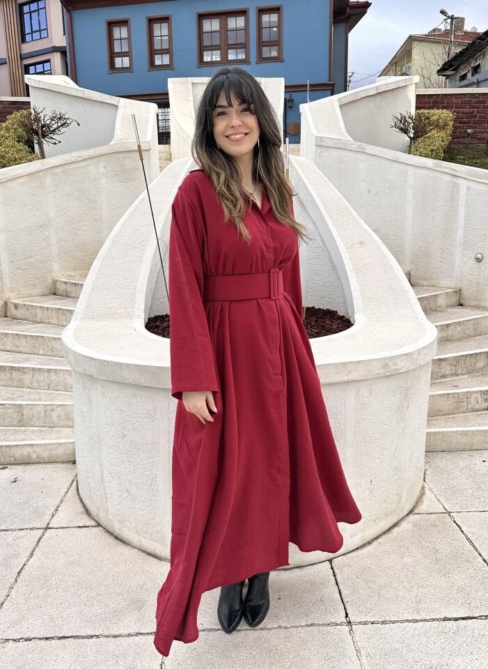 Anora Bordo Kemerli Gömlek Elbise