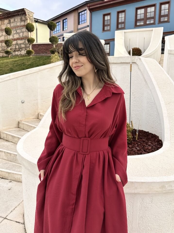 Anora Bordo Kemerli Gömlek Elbise