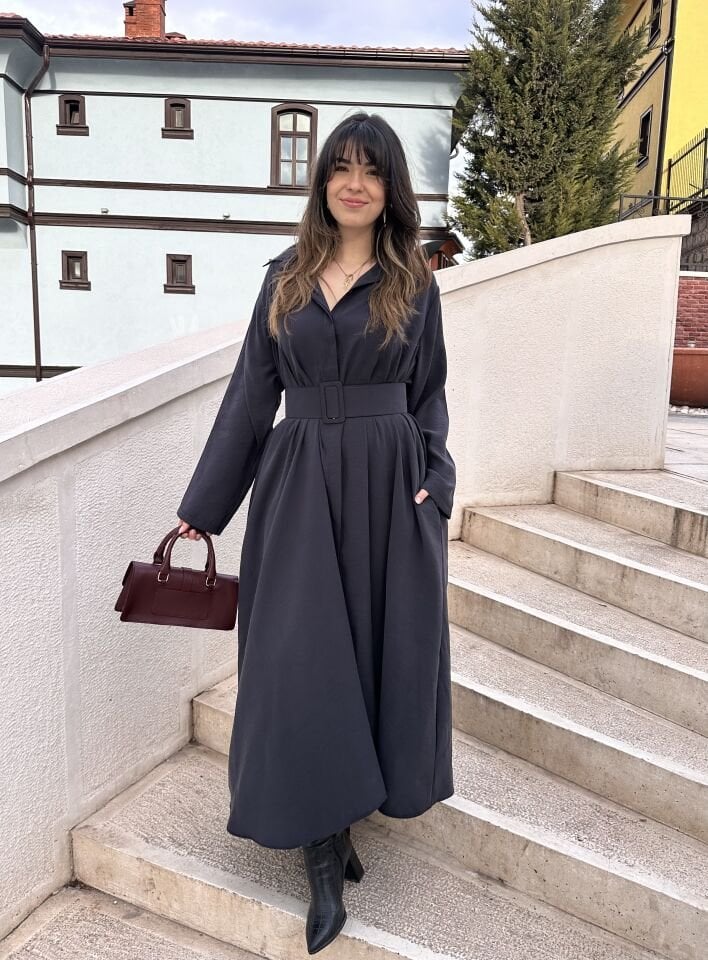 Antrasit-Laci Anora Kemerli Gömlek Elbise