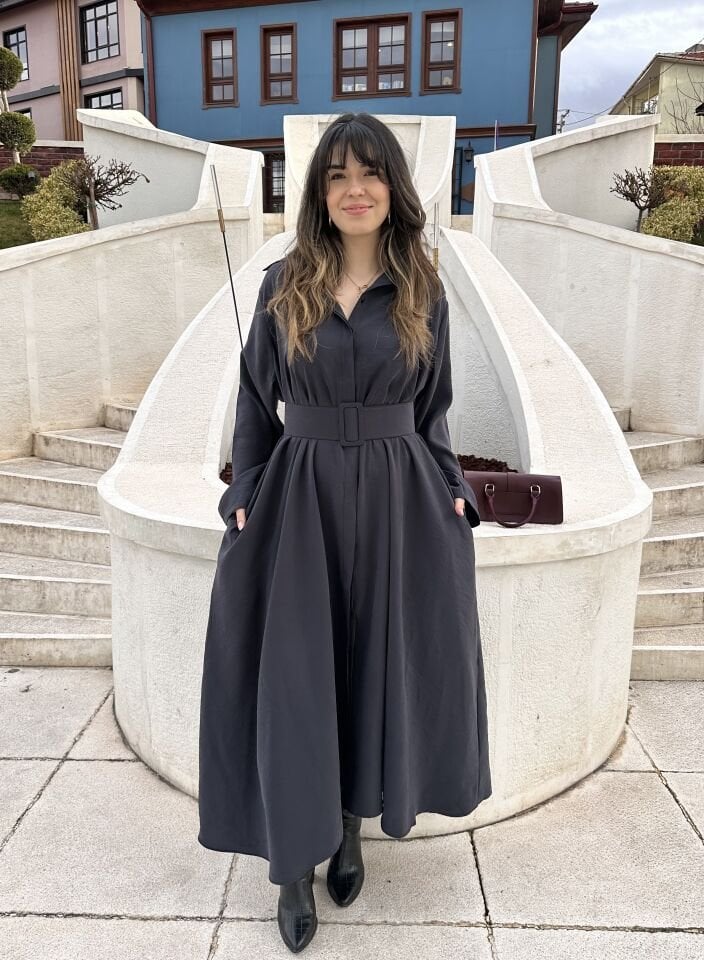 Antrasit-Laci Anora Kemerli Gömlek Elbise