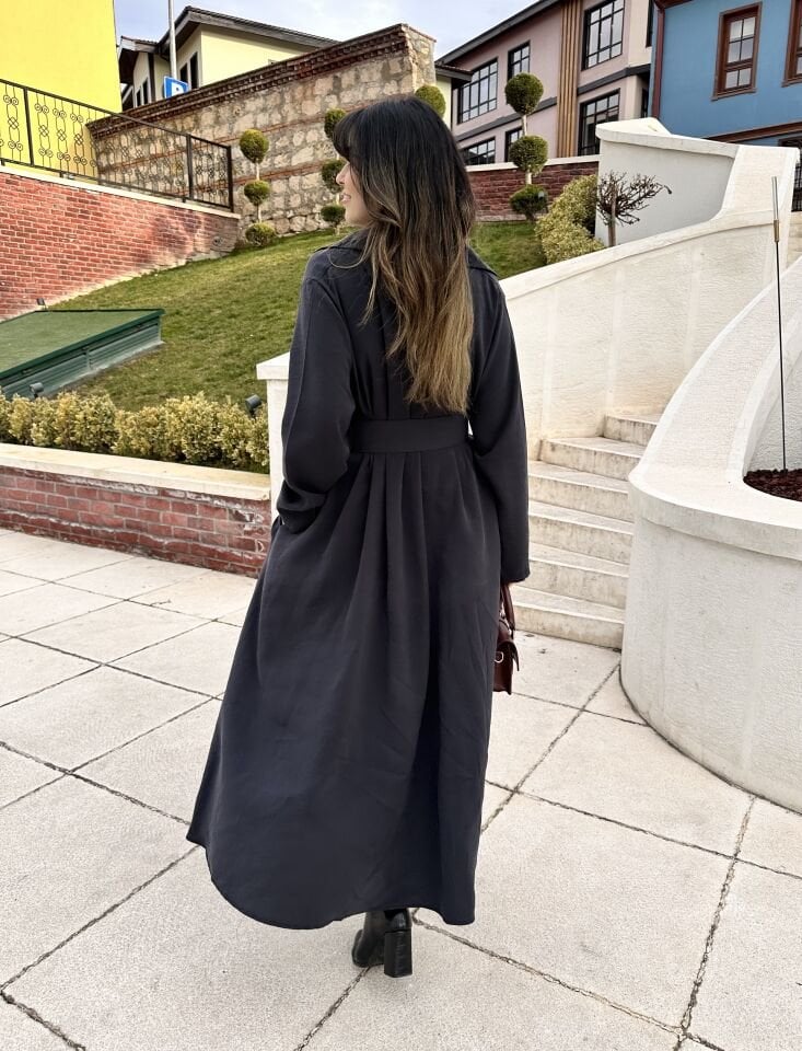 Antrasit-Laci Anora Kemerli Gömlek Elbise