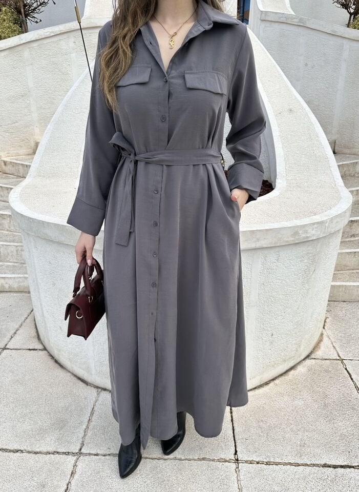 Supra Gri Kuşaklı Gömlek Elbise