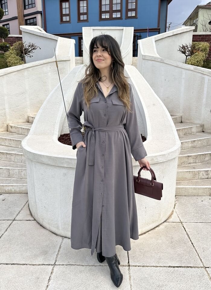Supra Gri Kuşaklı Gömlek Elbise