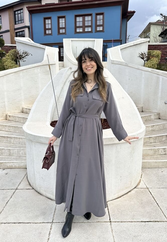 Supra Gri Kuşaklı Gömlek Elbise