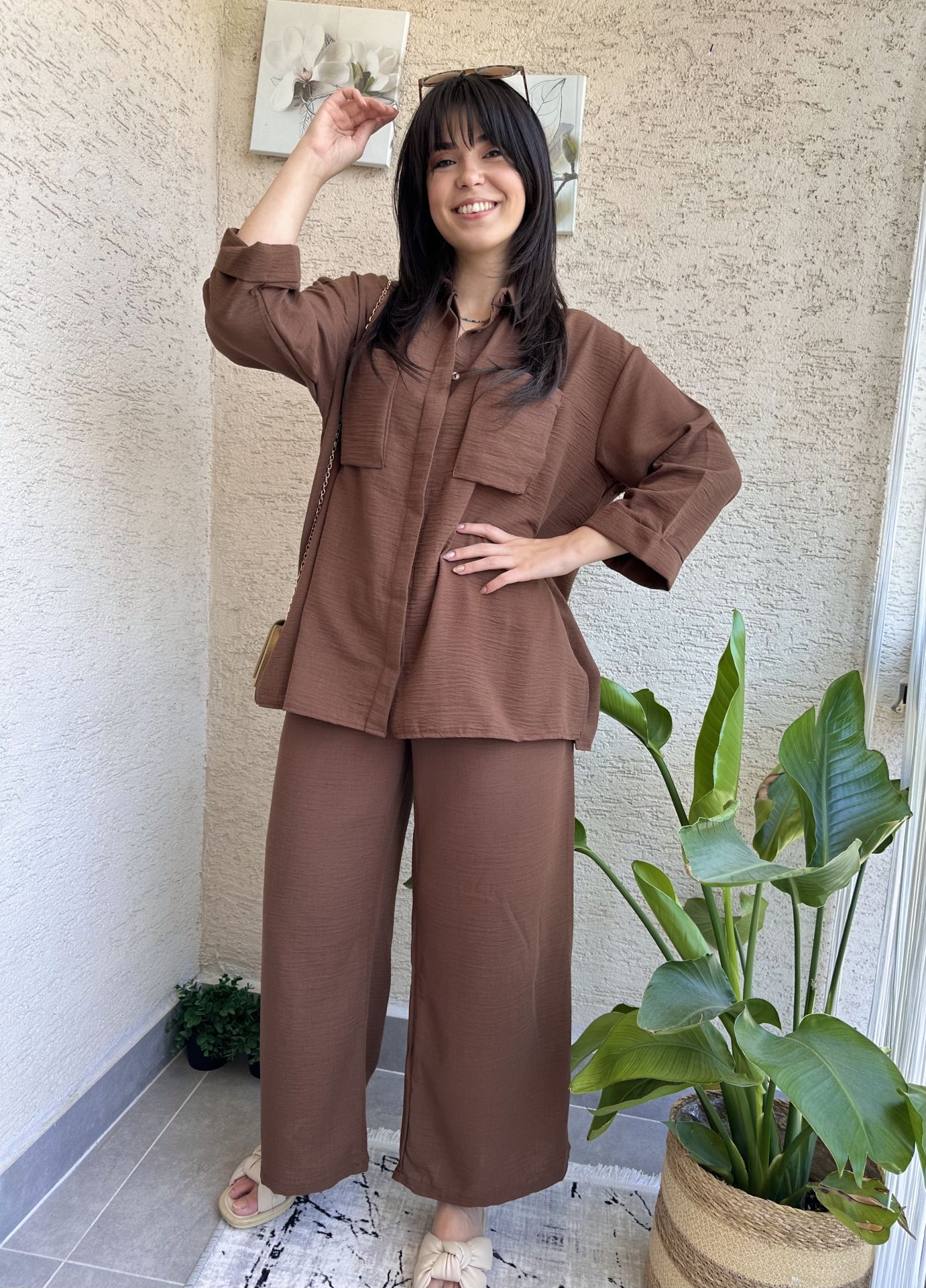 Cepli Keten Gömlek Pantolon Takım-Kahve