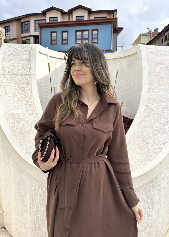 Supra Kahve Kuşaklı Gömlek Elbise
