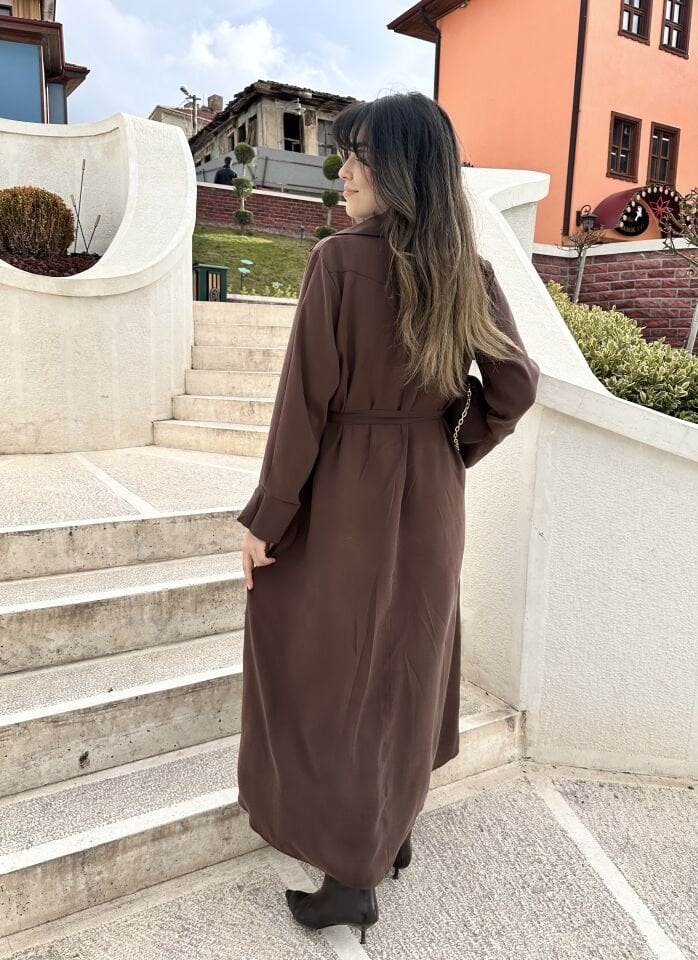 Supra Kahve Kuşaklı Gömlek Elbise